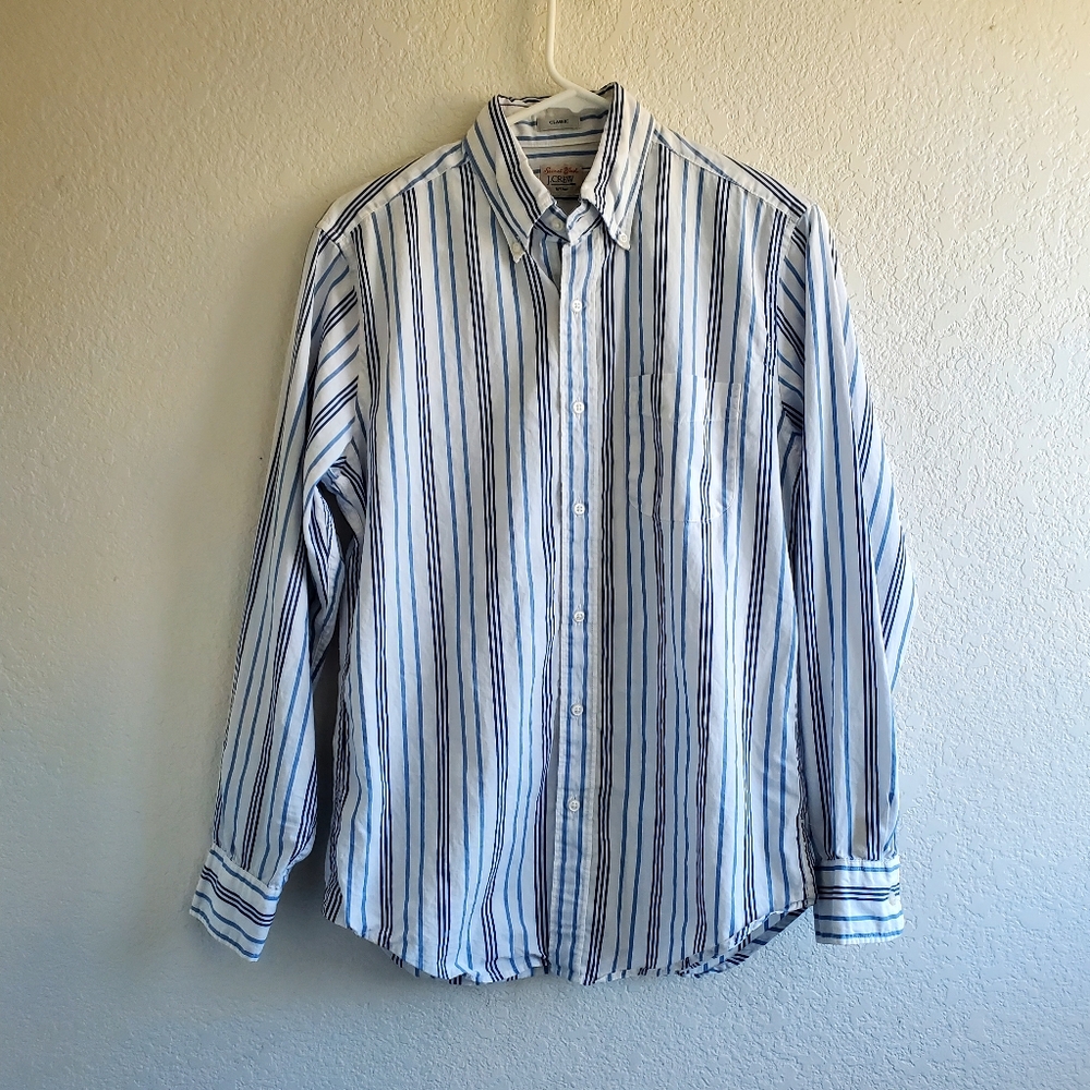 J. Crew Men Secret Wash Blue Striped Poplin Long Sleeve‎ Shirt Office Career